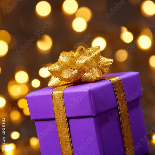 Gift Box With Golden Ribbon and Bow on a Table With Lights in the Background ...