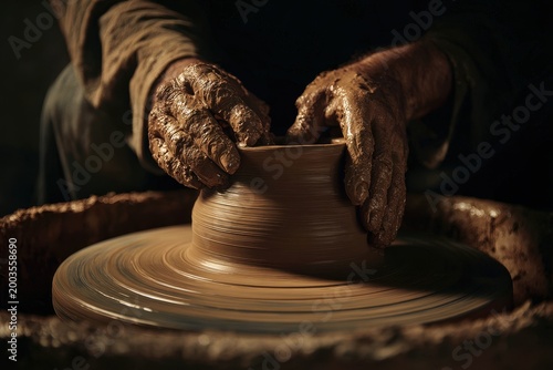 Potter's Hands Shaping Clay on Wheel in Studio with Dark Background
