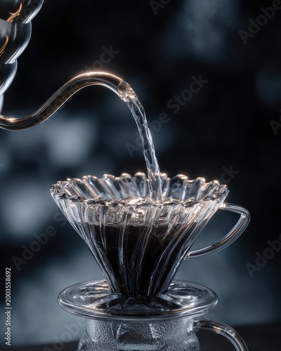 Pour Over Coffee Brewing: Water Flowing into Glass Dripper with Dark Background