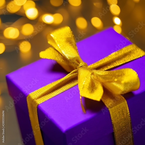 Gift Box With Golden Ribbon and Bow on a Table With Lights in the Background ...