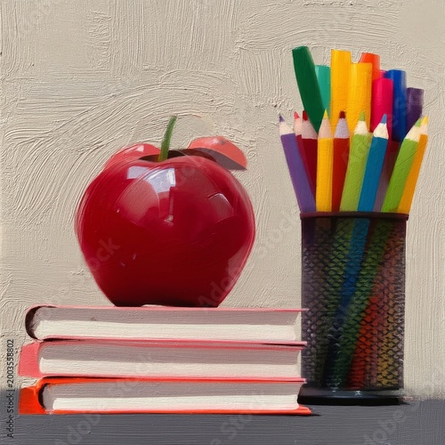 Red Apple on Stacked Books Next to Colorful Pens and a Clock on a Table