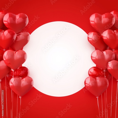 Red Heart Balloons Create a Frame for a Blank Space on a Bright Red Backgroun...