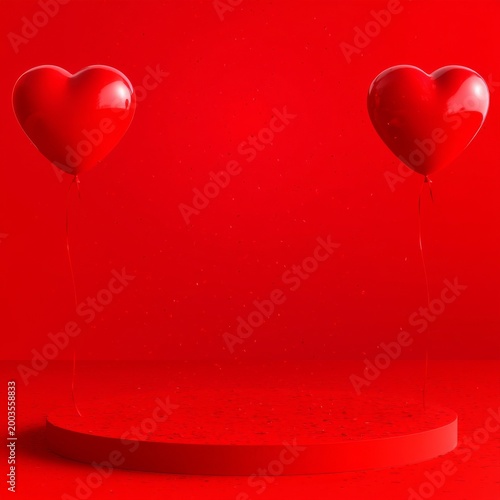 Heart-shaped Balloons Float Against a Bright Red Background During a Celebrat...