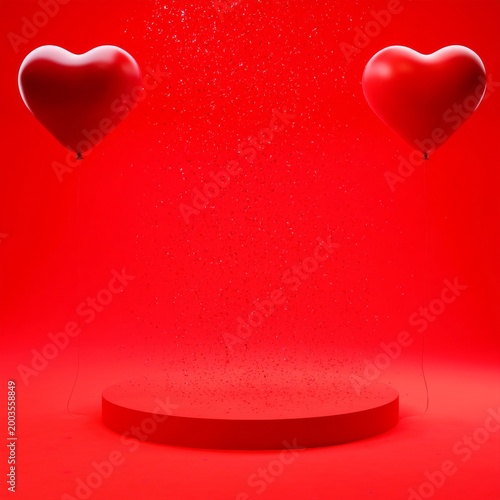 Red Balloons on a Circular Platform Fill a Bright Red Space During a Festive ...