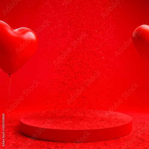 Red Balloons on a Circular Platform Fill a Bright Red Space During a Festive ...