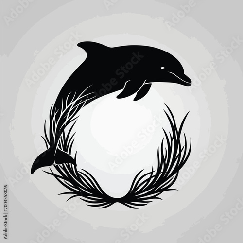 Black dolphin jumping out of seaweed circle logo design