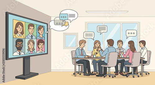 A group of business people sitting around a table with a large screen displaying a video conference with multiple people on it, Generative AI.