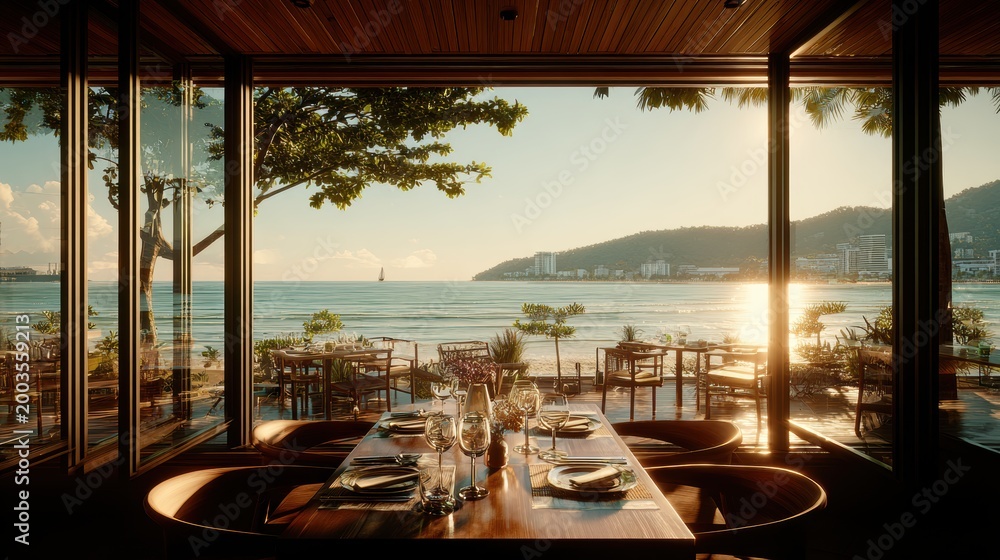 Fototapeta premium Spring Summer outdoor leisure relaxation activity. A vivid, highresolution photograph of a luxurious dining room with a panoramic view of a serene coastal landscape at sunset.