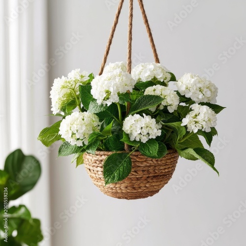 Plants in a Hanging Pot With White Flowers and Green Leaves in a Modern Room ...