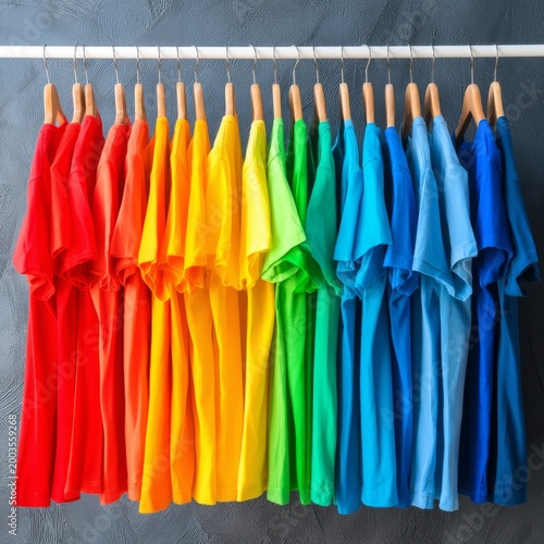 T-shirts of Many Colors Hanging on a Rack in a Simple Display