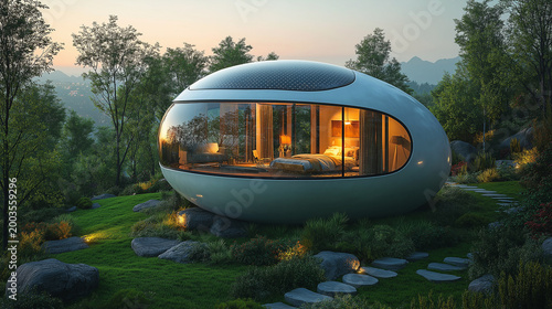 Modern egg shaped futuristic house featuring a sleek white exterior and large transparent glass windows nestled within a lush green forest landscape during a peaceful golden hour sunset summer evening