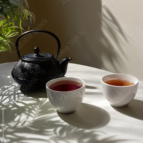 Warm Tea Served in Cups With a Teapot and Shadows on a Table During the After...