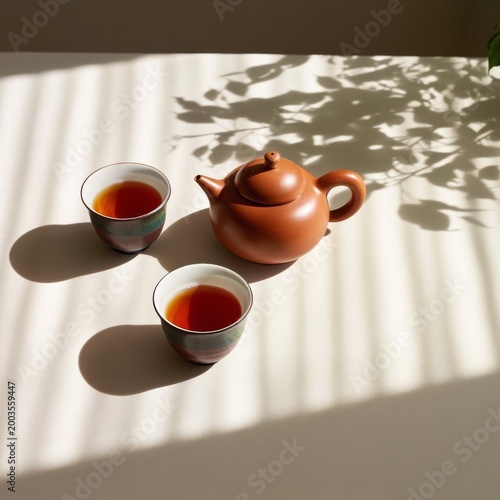 Warm Tea Served in Cups With a Teapot and Shadows on a Table During the After...