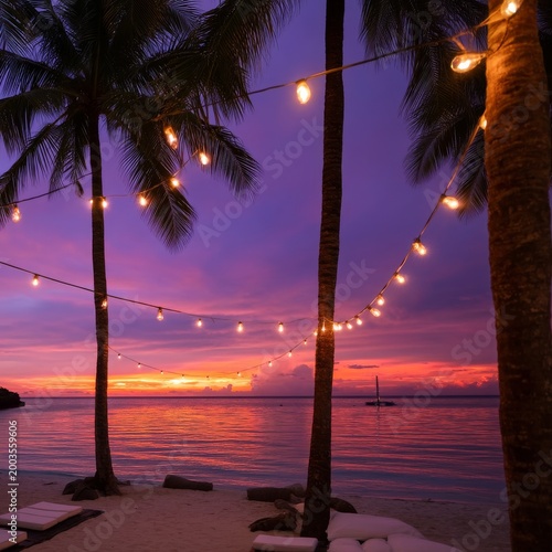 Evening Sky With Lights and Palm Trees on the Beach During Sunset Near the Ocean