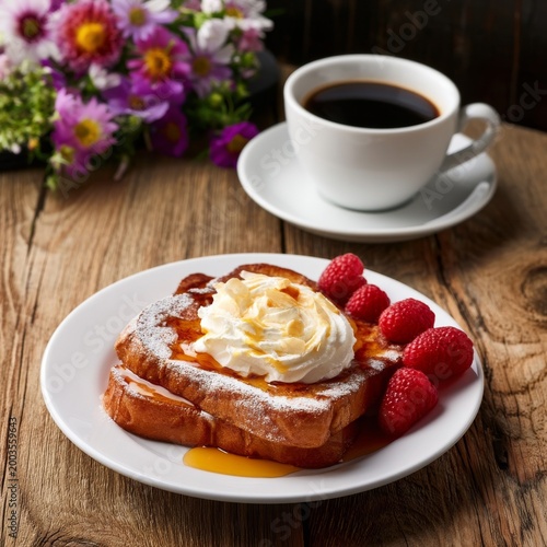 Delicious French Toast Topped With Raspberries and Whipped Cream on a Wooden ...