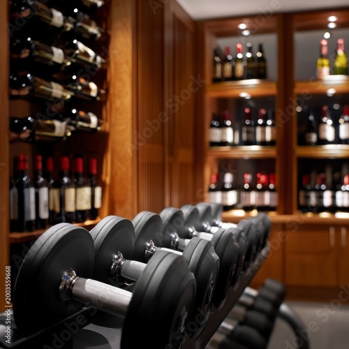 Weights and Wine Bottles in a Wooden Room With Shelves and Exercise Equipment...