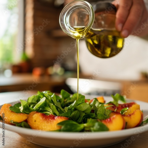 Chef Pours Olive Oil Onto a Fresh Salad With Greens and Peaches in a Kitchen