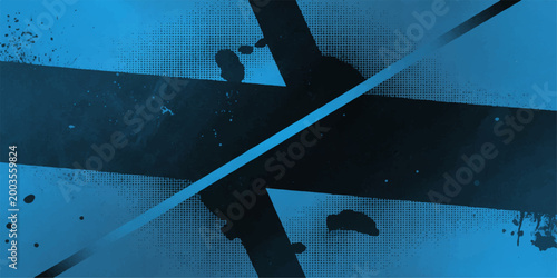 Black silhouette of a plane flying over a clock on the wall and an old rusty metal door with an abstract sea icon