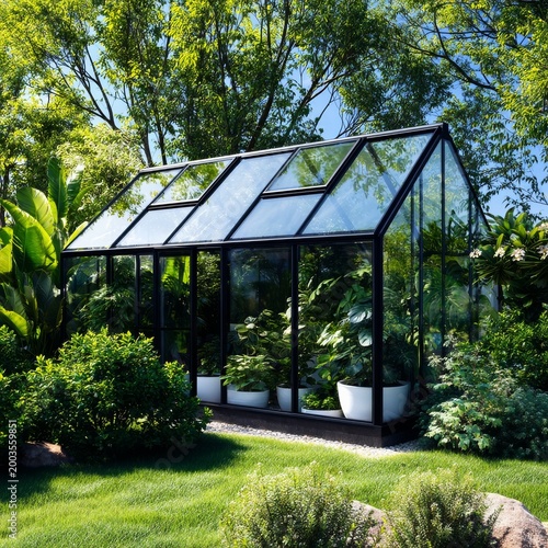 Modern Greenhouse Built With Glass Panels in a Garden Surrounded by Various P...