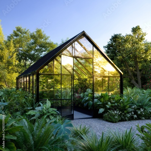 Modern Greenhouse Built With Glass Panels in a Garden Surrounded by Various P...