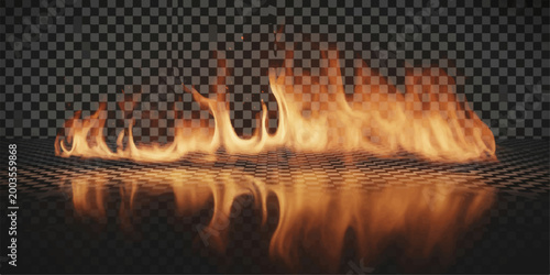 A warm orange flame burns with fiery energy inside the fireplace, creating a bright abstract pattern of hot red and yellow light against the dark black background