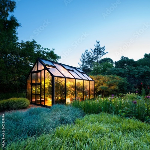 Greenhouse With Light in Garden at Dusk Near Trees and Plants