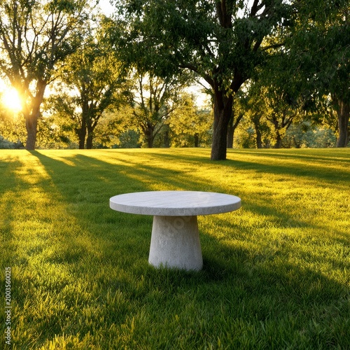 Sunlight Shines on a Round Table in a Grassy Area With Trees During Afternoon...