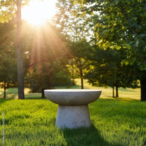 Sunset Light Shines on a Stone Block in a Green Park Setting With Trees in th...