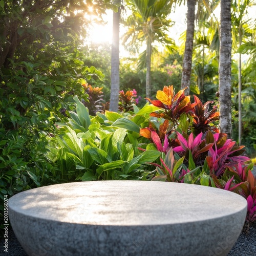 Sunlight Shines on a Table in a Garden Surrounded by Vibrant Plants and Trees...