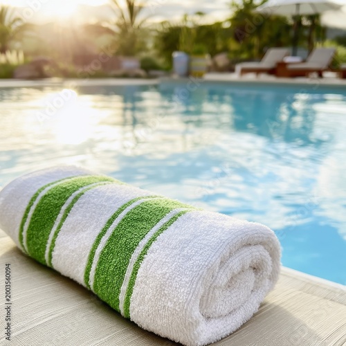 Poolside Towel by Water in Sunlight With Chairs and Trees Around at Afternoon