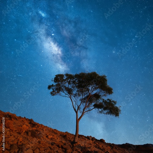 Stars Shine Over a Lone Tree in a Rocky Landscape During the Night