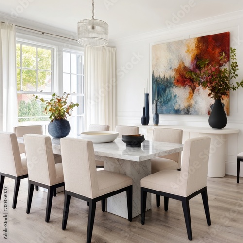 Modern Dining Room With a Marble Table and Stylish Decor Features in a Bright...