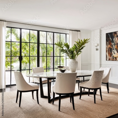 Modern Dining Room With Large Windows and Greenery Inside a Well-Lit Home