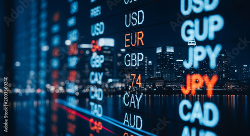 A city skyline illuminated at night, displaying a digital currency exchange board showing various currency rates, including USD, EUR, and JPY.