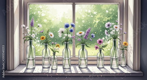 A charming window scene featuring an array of colorful flowers in glass bottles, bringing a warm and fresh atmosphere to the room.