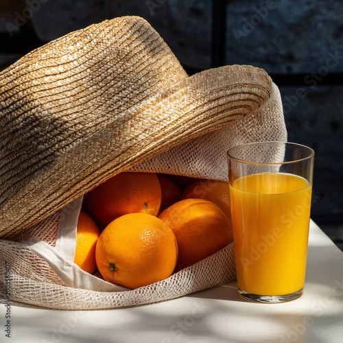 Freshly Squeezed Orange Juice and Oranges in a Straw Hat on a Table