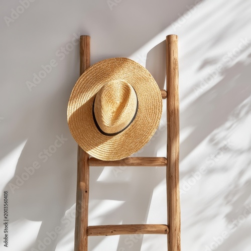 Hat Hanging on Wooden Ladder Near Window With Tree View on Sunny Day