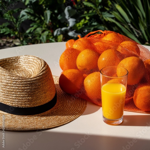 Freshly Squeezed Orange Juice and Oranges in a Straw Hat on a Table