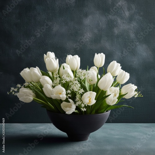 White Tulips and Small Flowers in a Dark Bowl on a Green Table Surface