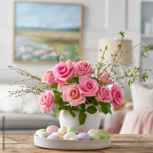 Pink Roses and Colorful Eggs in a Decorated Setting for Spring Celebration