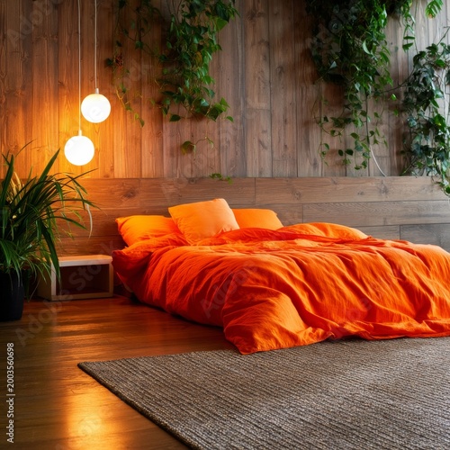 Modern Bedroom With Orange Bedding and Wooden Walls Set in a Cozy Home Space