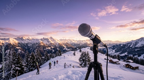 Dynamic Microphone on Tripod with Winter Mountain Panorama