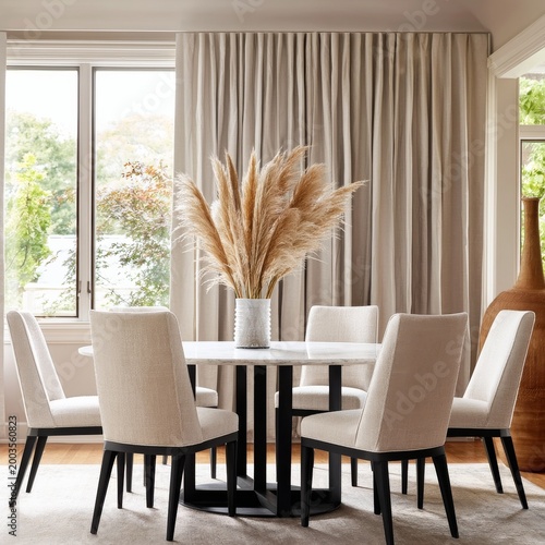 Elegant Dining Space With a Large Vase of Pampas Grass Center on a Table
