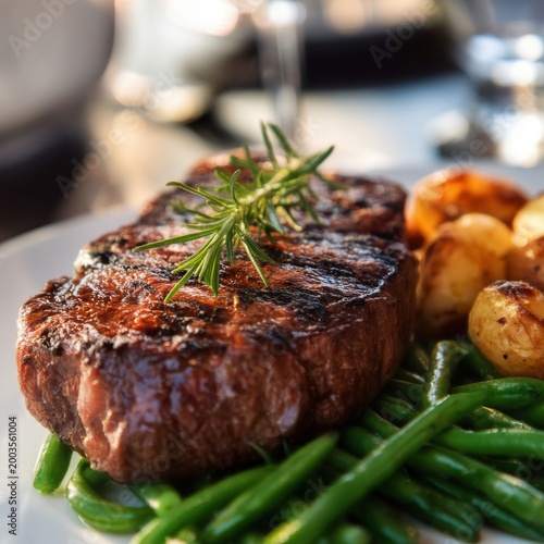 Grilled Steak With Potatoes and Green Beans Served on a Plate in a Restaurant...
