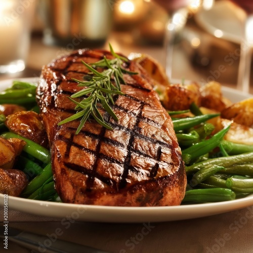 Grilled Steak With Potatoes and Green Beans Served on a Plate in a Restaurant...