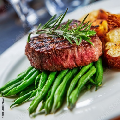 Delicious Meal of Grilled Steak With Greens and Potatoes Served on a White Pl...