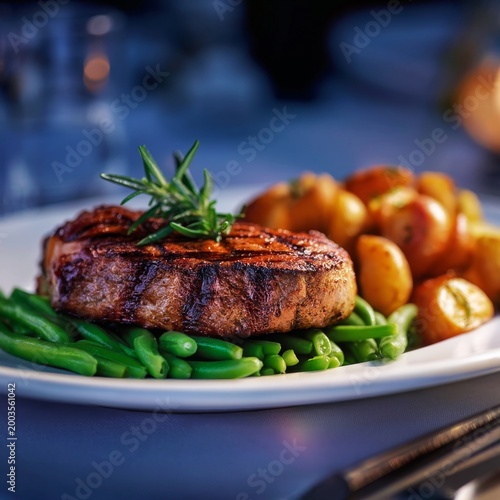 Delicious Meal of Grilled Steak With Greens and Potatoes Served on a White Pl...