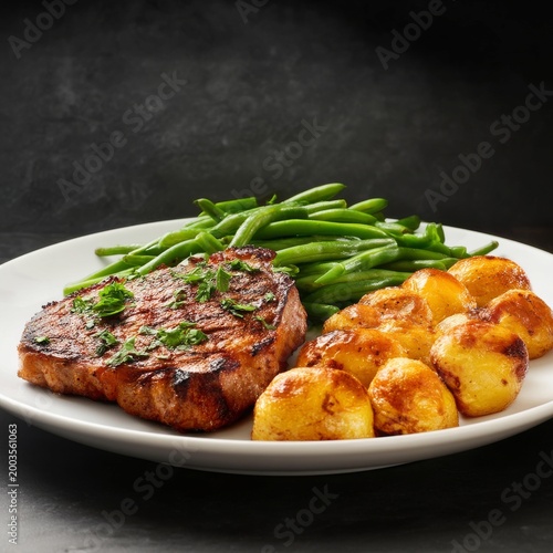 Delicious Meal With Steak, Potatoes, and Green Beans Served on a White Plate ...