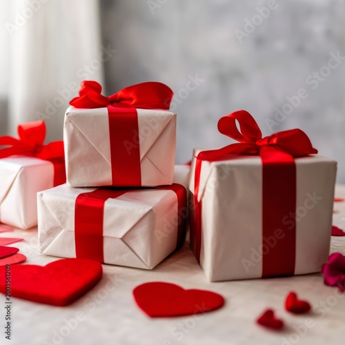 Gifts Wrapped in Brown Paper With Red Ribbons Placed on a Table With Hearts f...