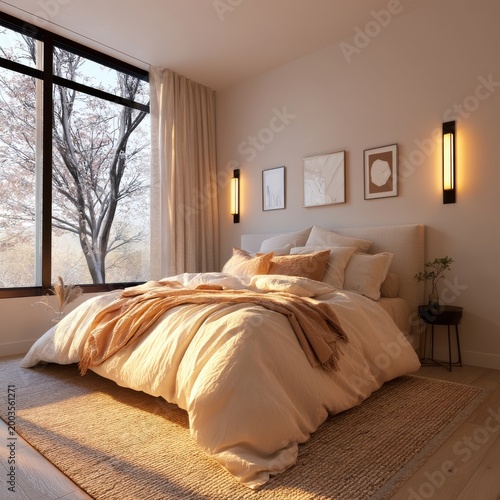 Cozy Bedroom With Warm Light and Soft Bedding Near a Large Window During Sunset